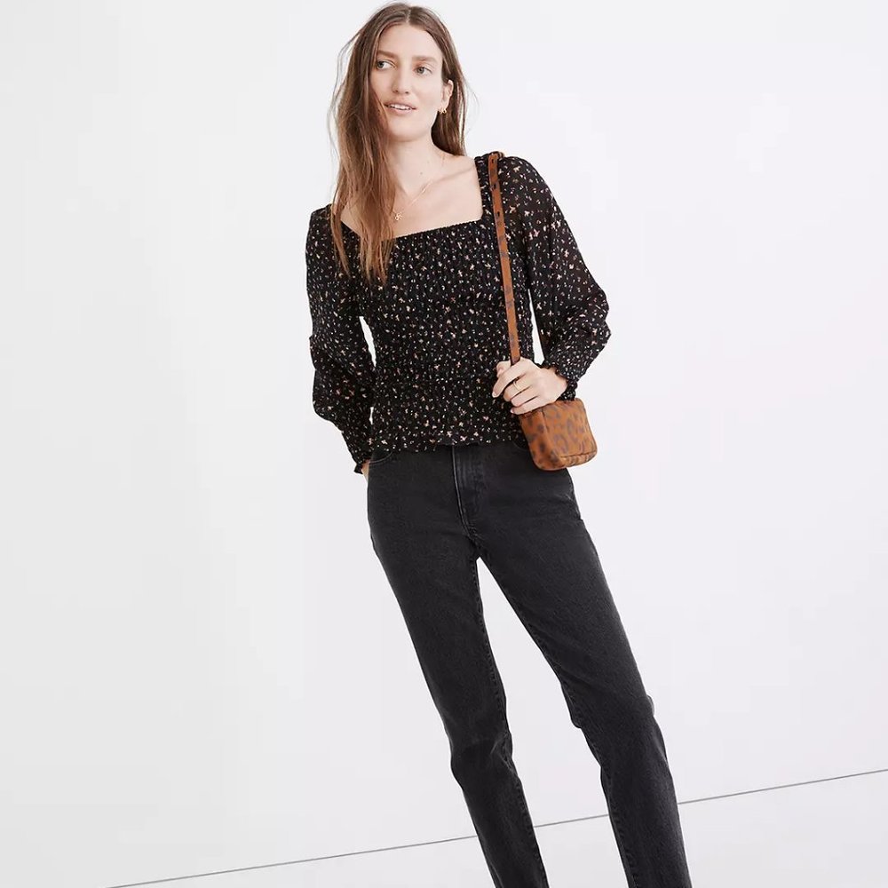 (Re)sourced Georgette Lucie Bubble-Sleeve Smocked Top in Stem Scatter